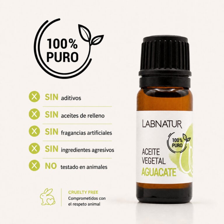Aceite Vegetal Aguacate 100% Puro Labnatur sin aditivos, sin aceites de relleno, sin fragancias artificiales y cruelty free.