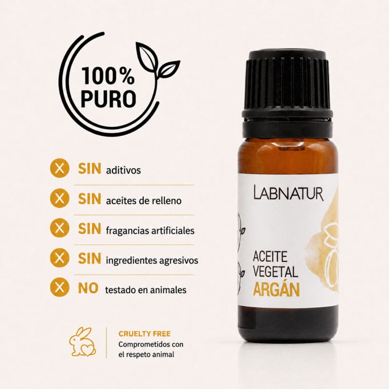 Aceite Vegetal Argán 100% Puro Labnatur sin aditivos, sin aceites de relleno, sin fragancias artificiales y cruelty free.
