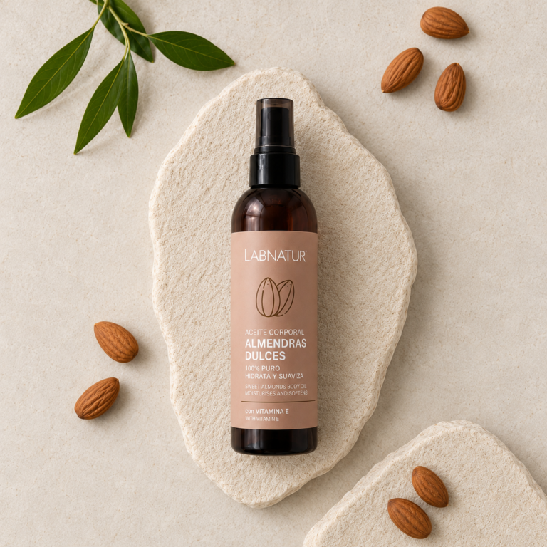 Aceite Corporal Almendras Dulces 200 ml Labnatur con almendras y hojas, aceite corporal 100% puro con vitamina E para hidratar, suavizar y cuidar la piel seca.
