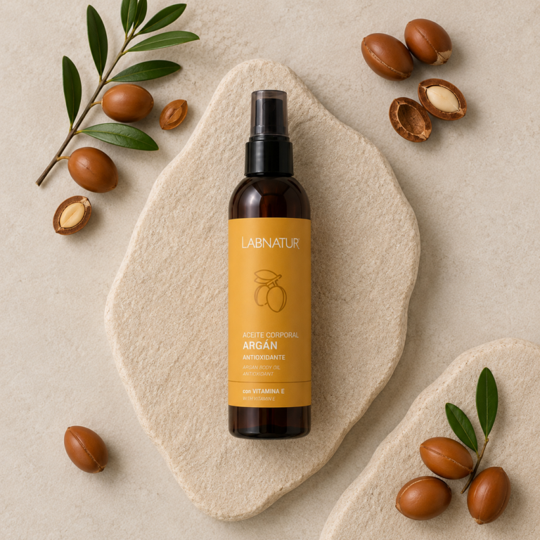 Aceite Corporal Argán 200 ml Labnatur con frutos y hojas de argán, aceite corporal antioxidante con vitamina E para piel y cabello.