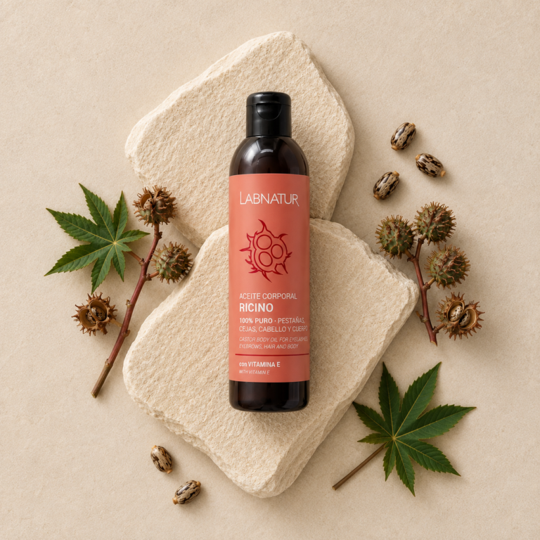 Aceite Corporal Ricino 200 ml Labnatur con semillas y hojas de ricino, aceite corporal 100% puro con vitamina E para pestañas, cejas, cabello y cuerpo.