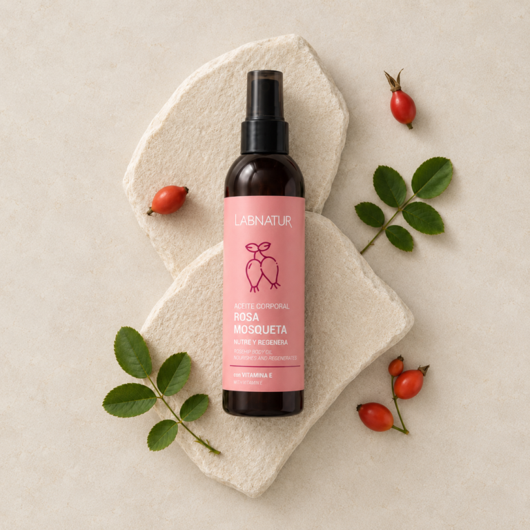 Aceite Corporal Rosa Mosqueta 200 ml Labnatur con frutos y hojas de rosa mosqueta, aceite corporal con vitamina E que regenera e hidrata la piel.