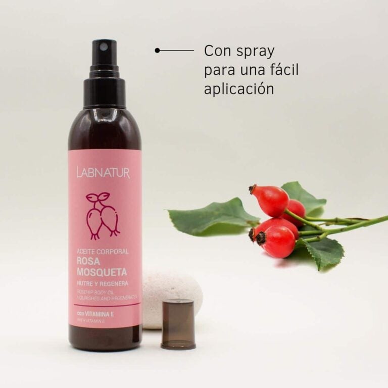 Aceite Corporal Rosa Mosqueta Labnatur 200 ml con spray para una aplicación fácil sobre la piel.