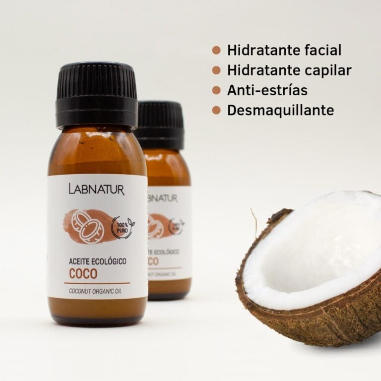 Aceite Ecológico Coco Labnatur 50ml como hidratante facial, hidratante capilar, apoyo anti-estrías y desmaquillante natural.