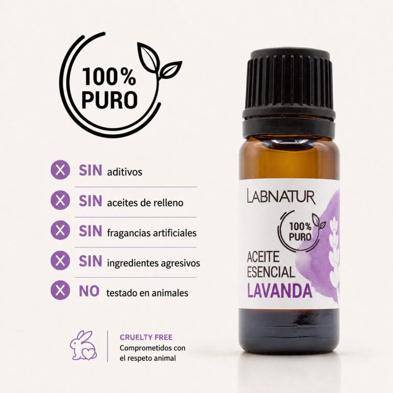 Aceite Esencial Lavanda 100% Puro Labnatur sin aditivos, sin aceites de relleno, sin fragancias artificiales y cruelty free.