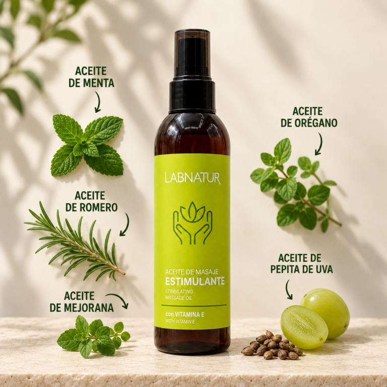Aceite de Masaje Estimulante 200 ml Labnatur con aceite de menta, romero, mejorana, orégano y pepita de uva, producto natural y vegano para masaje corporal revitalizante.