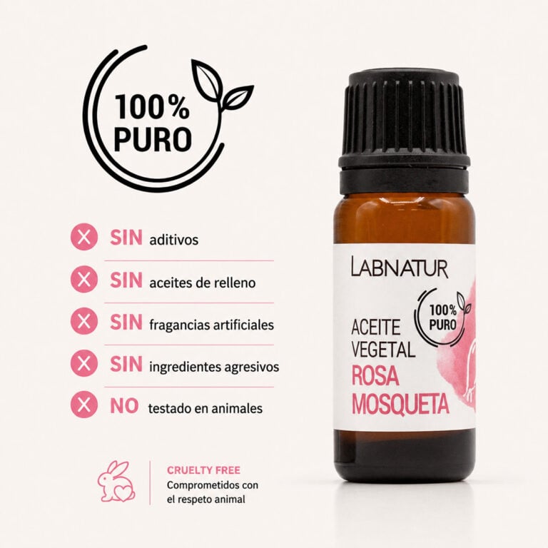Aceite Vegetal Rosa Mosqueta 100% Puro Labnatur sin aditivos, sin aceites de relleno, sin fragancias artificiales y cruelty free.