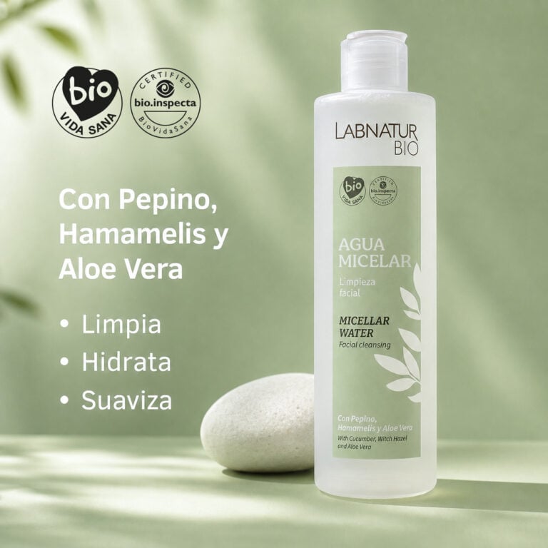 Agua Micelar Labnatur Bio 250ml con pepino, hamamelis y aloe vera para limpiar, hidratar y suavizar la piel.