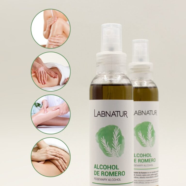 Dos envases de Alcohol de Romero 125ml Labnatur junto a imágenes de masajes en rodilla, zona lumbar, piernas y espalda