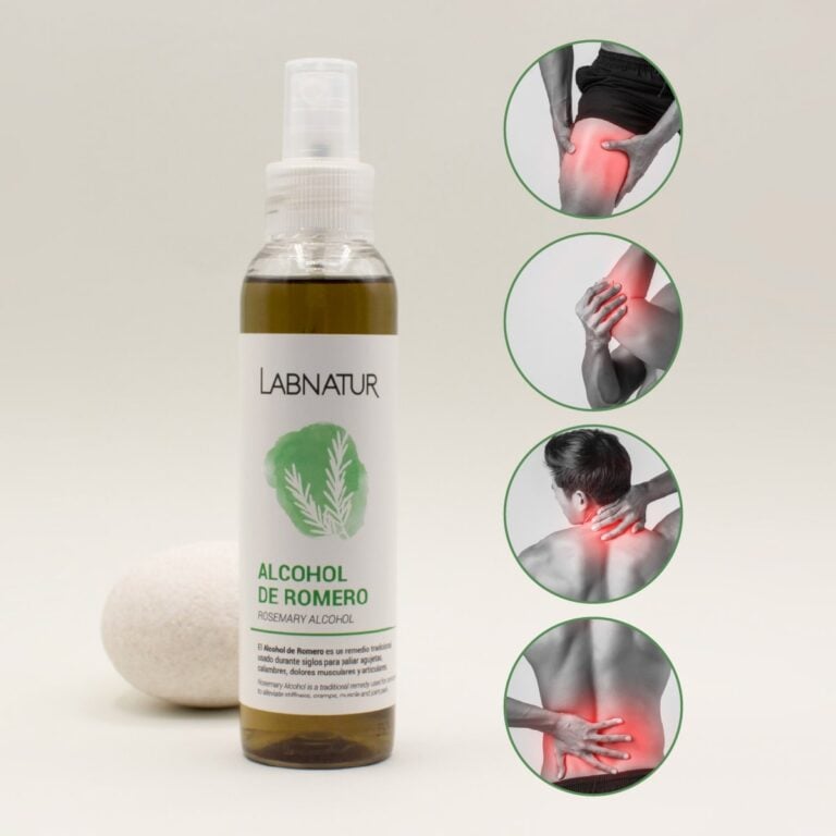 Alcohol de Romero 125ml Labnatur junto a imágenes de molestias en muslo, codo, cuello y zona lumbar
