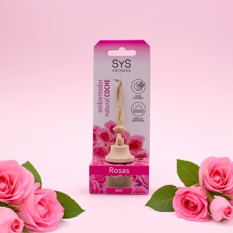 Ambientador Coche Rosas 7ml Style SYS Aromas con estuche rodeado de rosas rosas