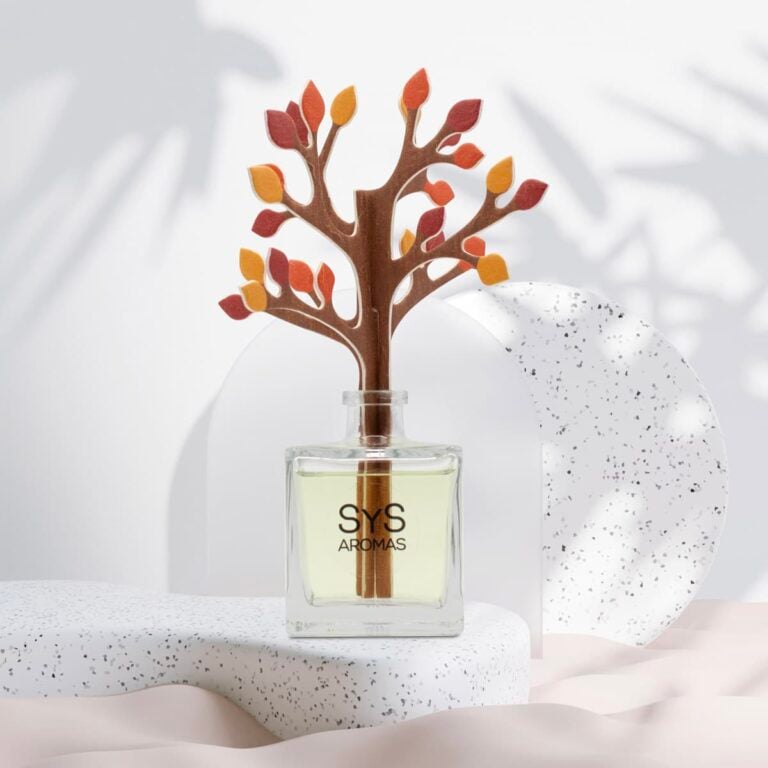 Ambientador Difusor Árbol Aloe Vera-Bambú 90ml SYS Aromas sobre base blanca con formas geométricas