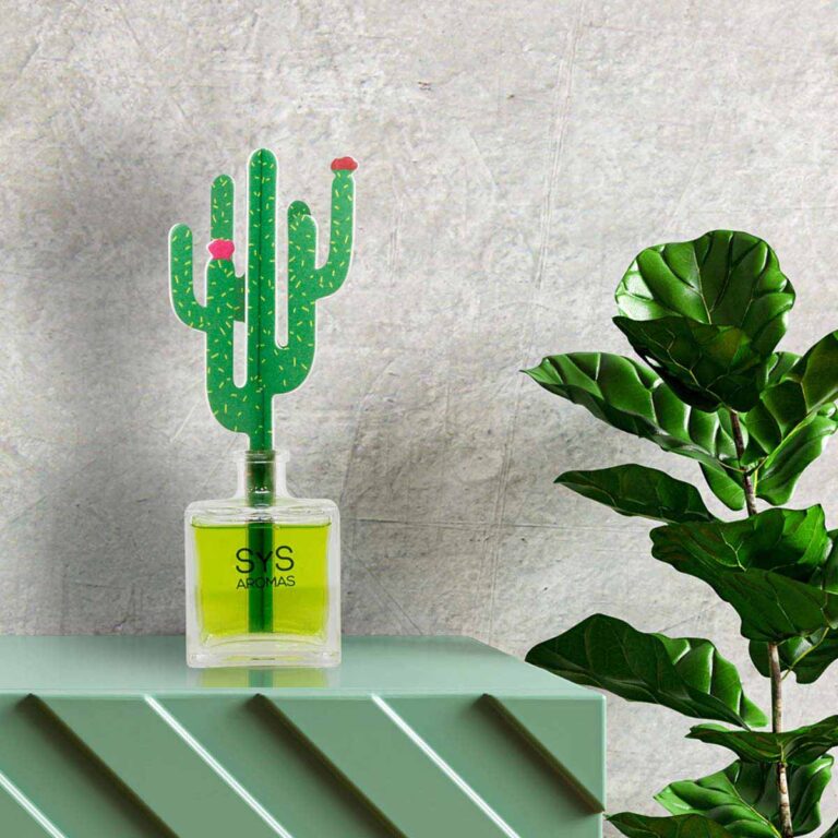Ambientador Difusor Cactus Raíz Angélica 90ml SYS Aromas sobre base verde junto a planta decorativa