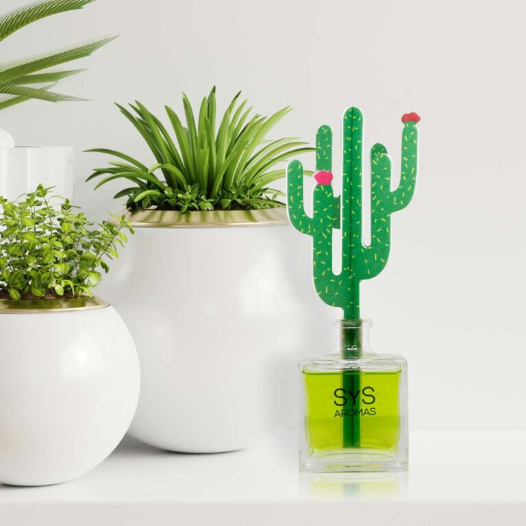 Ambientador Difusor Cactus Raíz Angélica 90ml SYS Aromas junto a macetas con plantas verdes
