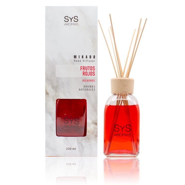 Ambientador mikado Frutos Rojos 220ml Mármol SYS Aromas con varillas difusoras aroma afrutado y dulce