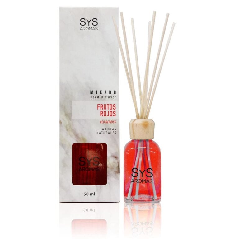 Ambientador mikado Frutos Rojos 50ml Mármol SYS Aromas con varillas difusoras aroma afrutado y dulce