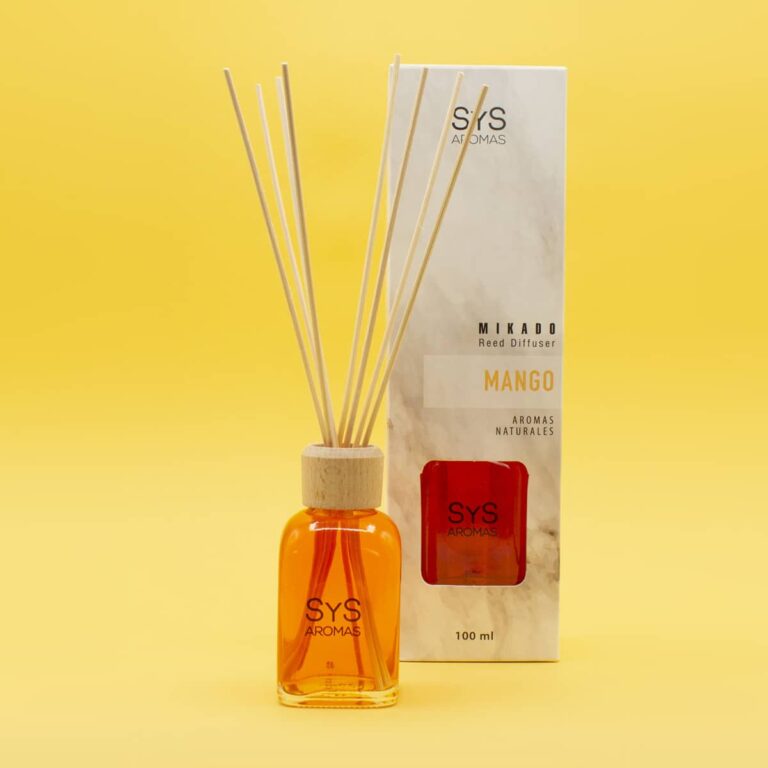 Ambientador Mikado Mango 100ml SYS Aromas con estuche, frasco amarillo y varillas naturales
