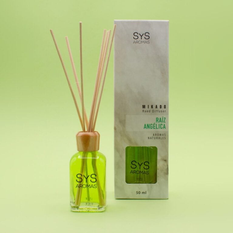 Ambientador Mikado Raíz Angélica 50ml SYS Aromas con estuche, frasco verde y varillas difusoras