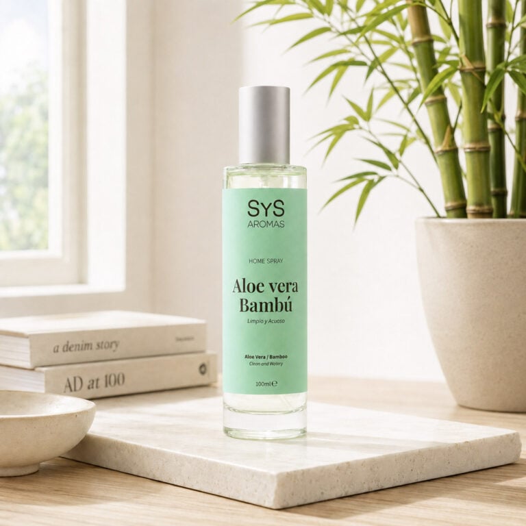 Ambientador Pulverizador Aloe Vera-Bambú 100 ml Origins SYS Aromas en ambiente de hogar con ventana, libros y bambú.