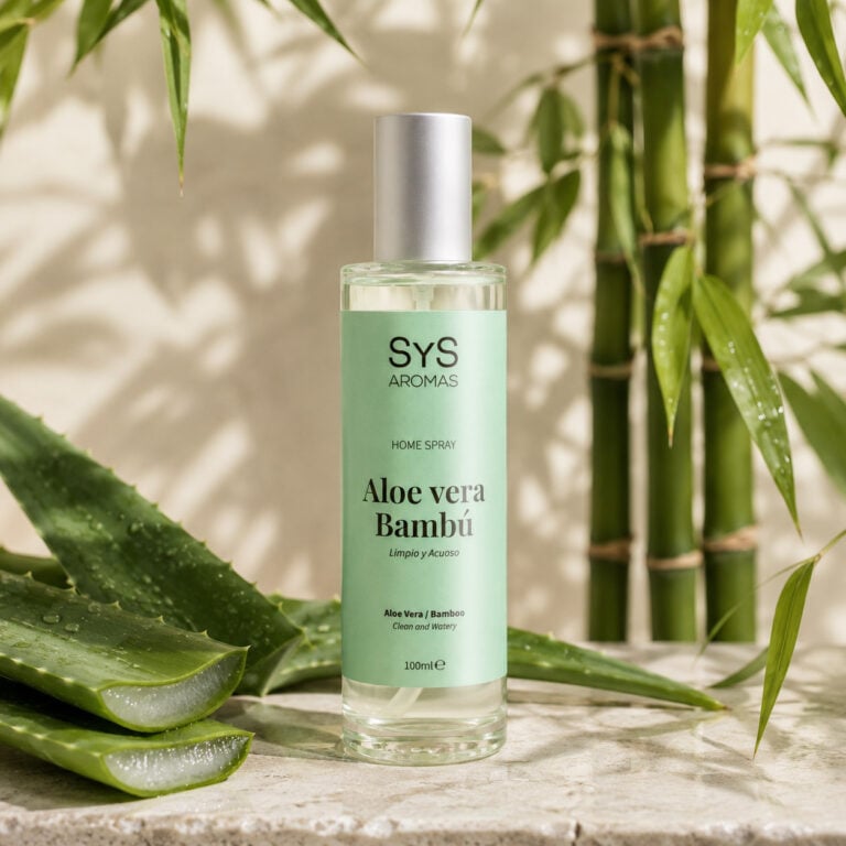 Ambientador Pulverizador Aloe Vera-Bambú 100 ml Origins SYS Aromas con hojas de aloe vera, tallos de bambú y aroma fresco herbal.