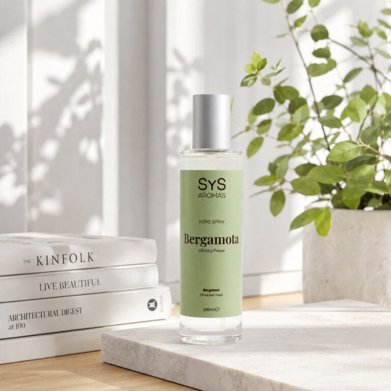mbientador Pulverizador Bergamota 100 ml Origins SYS Aromas en ambiente de hogar con ventana, libros y planta verde.