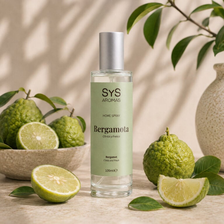Ambientador Pulverizador Bergamota 100 ml Origins SYS Aromas con bergamotas, fruta cítrica cortada y hojas verdes.