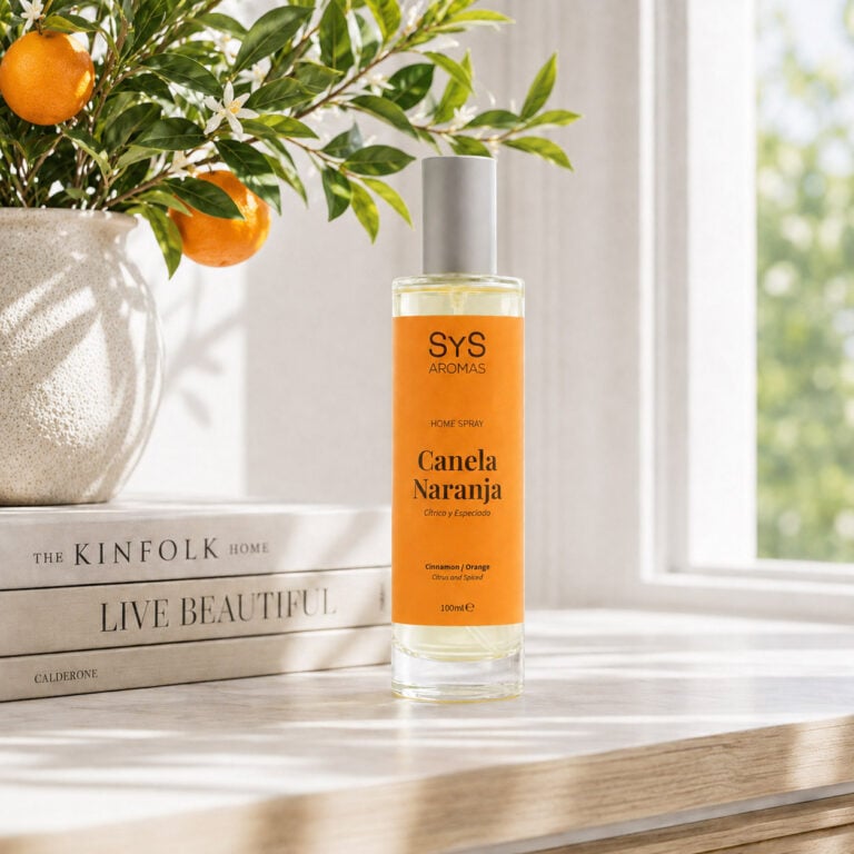 Ambientador Pulverizador Canela-Naranja 100 ml Origins SYS Aromas en ambiente de hogar con ventana, libros y rama de naranjo.