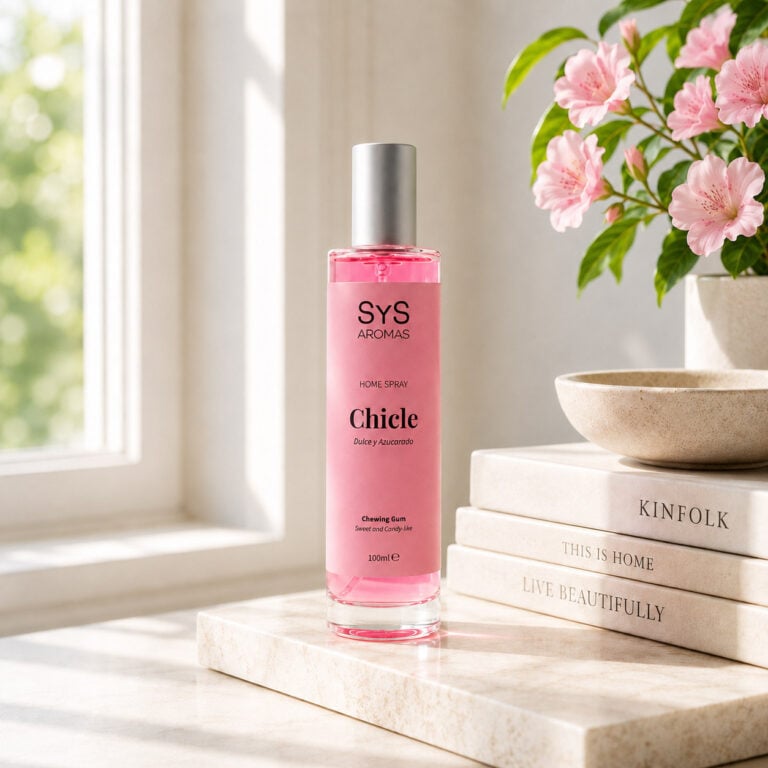 Ambientador Pulverizador Chicle 100 ml Origins SYS Aromas en ambiente de hogar con ventana, libros y flores rosas.