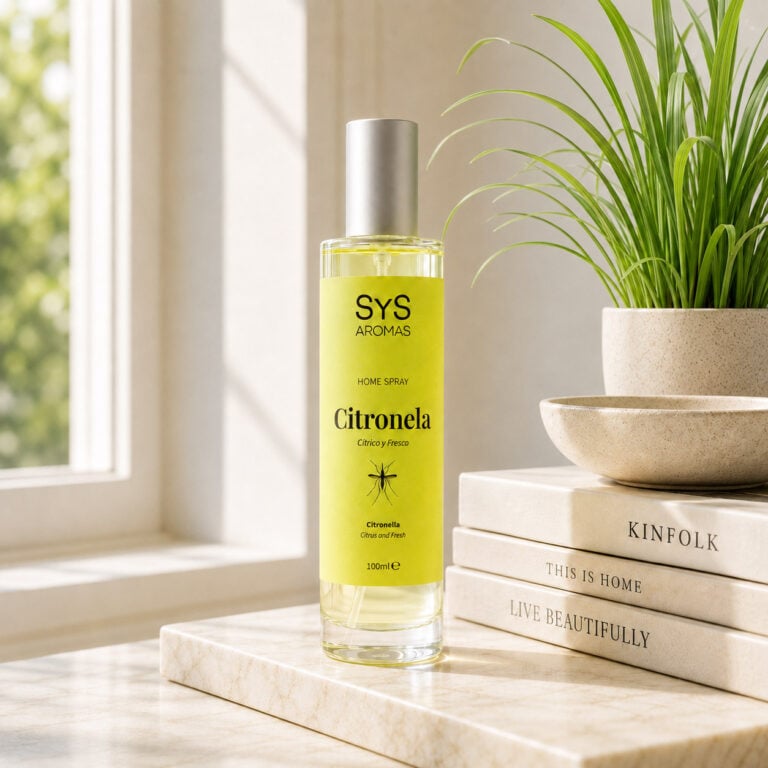 Ambientador Pulverizador Citronela 100 ml Origins SYS Aromas en ambiente de hogar con ventana, libros y planta decorativa.