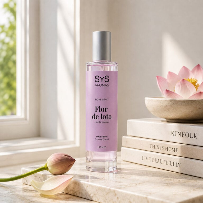 Ambientador Pulverizador Flor de Loto 100 ml Origins SYS Aromas en ambiente de hogar con ventana, libros y flor de loto rosa.