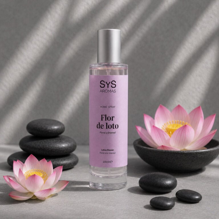 Ambientador Pulverizador Flor de Loto 100 ml Origins SYS Aromas con piedras zen y flores de loto en ambiente relajante tipo spa.