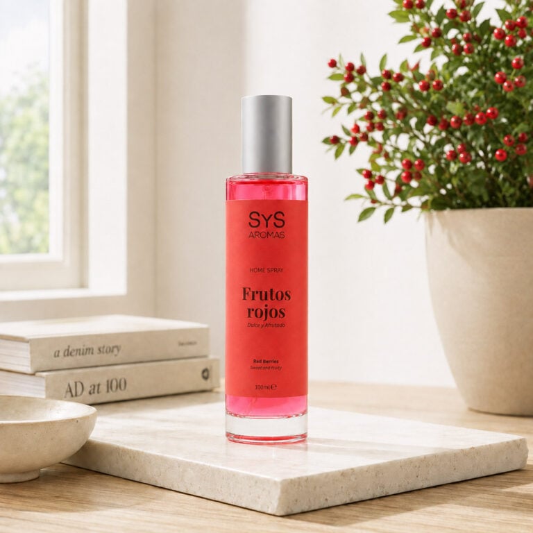 Ambientador Pulverizador Frutos Rojos 100 ml Origins SYS Aromas en ambiente de hogar con planta de bayas rojas y libros decorativos.