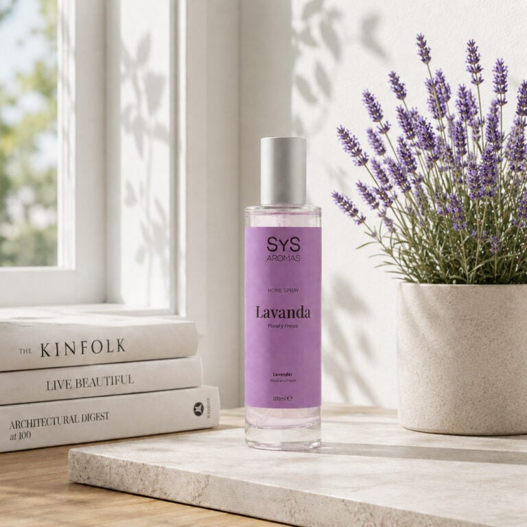 Ambientador Pulverizador Lavanda 100 ml Origins SYS Aromas en ambiente de hogar con ventana, libros y maceta de lavanda.