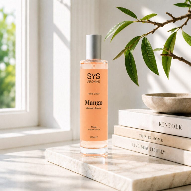 Ambientador Pulverizador Mango 100 ml Origins SYS Aromas en ambiente de hogar con ventana, libros y rama verde.