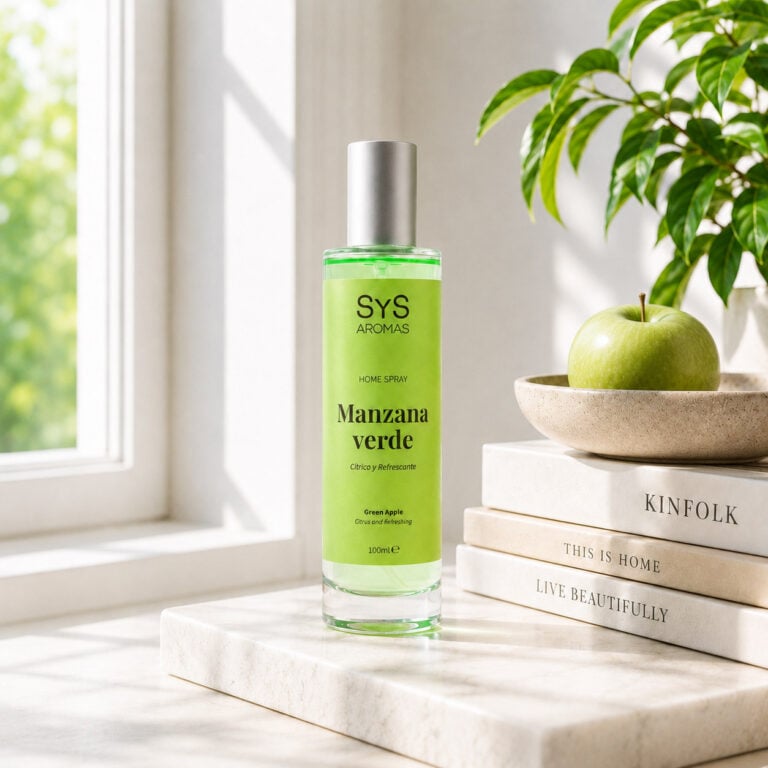 Ambientador Pulverizador Manzana Verde 100 ml Origins SYS Aromas en ambiente de hogar con ventana, libros y manzana verde.