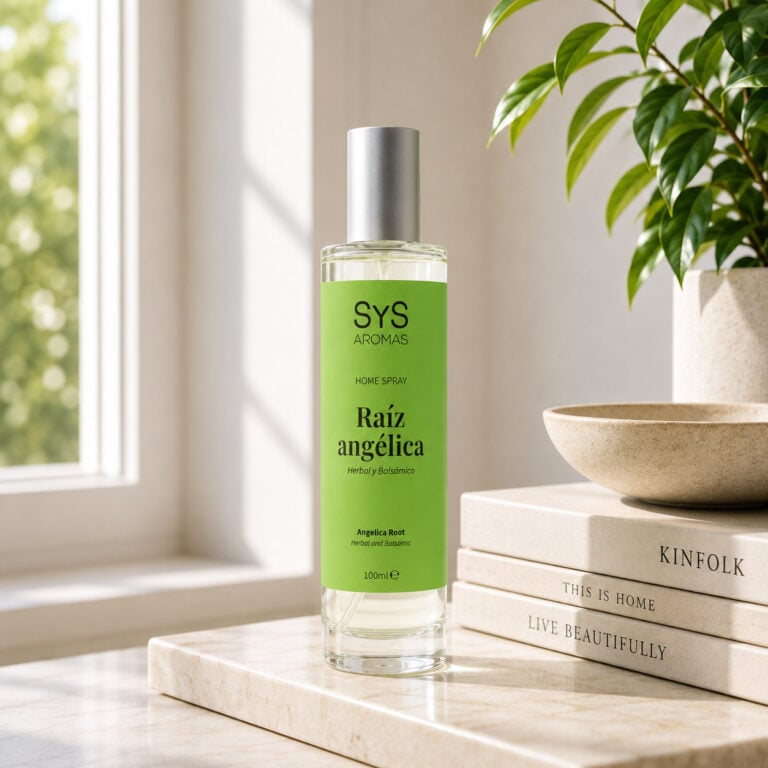 Ambientador Pulverizador Raíz Angélica 100 ml Origins SYS Aromas en ambiente de hogar con ventana, libros y planta verde.