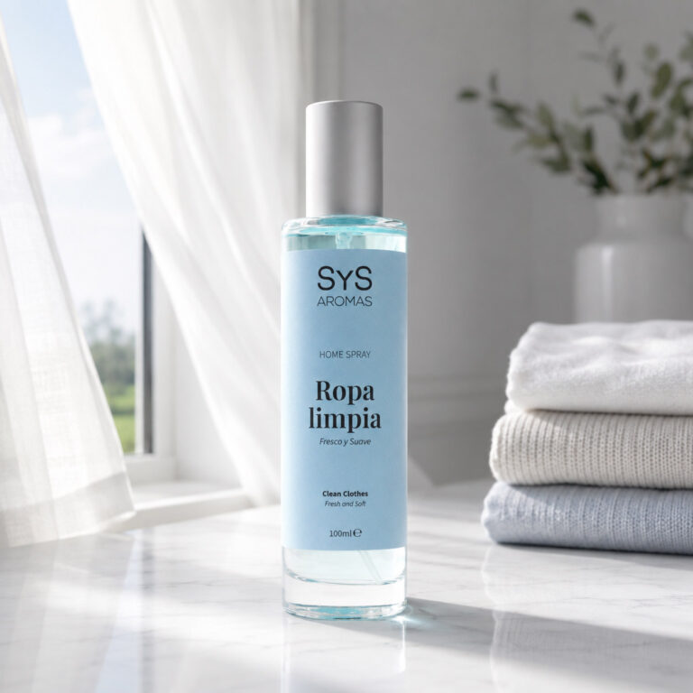 Ambientador Pulverizador Ropa Limpia 100 ml Origins SYS Aromas en ambiente de hogar con ventana, toallas dobladas y aroma fresco y limpio.