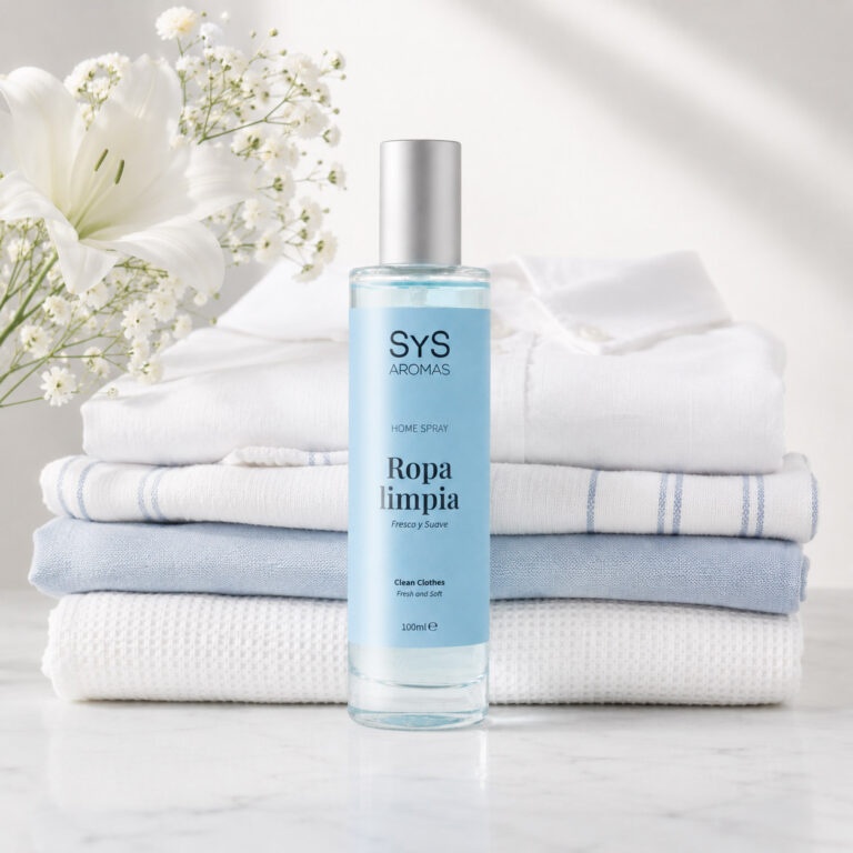 Ambientador Pulverizador Ropa Limpia 100 ml Origins SYS Aromas con toallas blancas, flores blancas y aroma fresco suave.