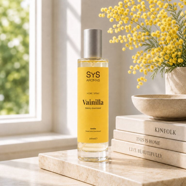 Ambientador Pulverizador Vainilla 100 ml Origins SYS Aromas en ambiente de hogar con ventana, libros y flores amarillas.