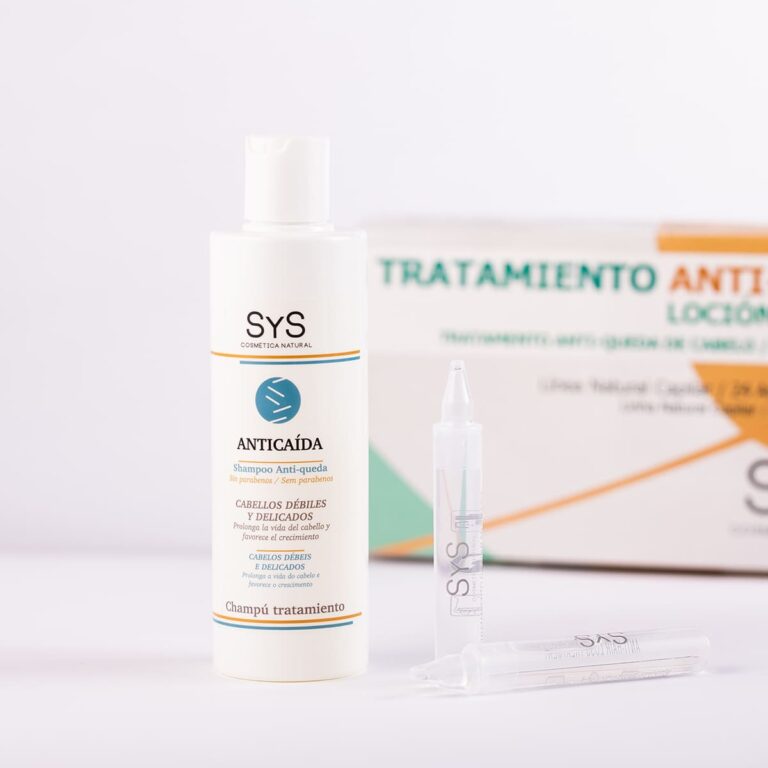 Ampollas Anticaída SYS junto a champú anticaída para cabellos débiles y delicados.