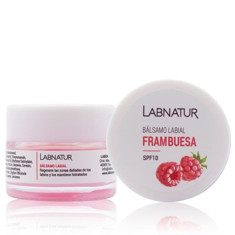 Bálsamo Labial Frambuesa 15ml Labnatur en tarro transparente junto a su tapa blanca con SPF10