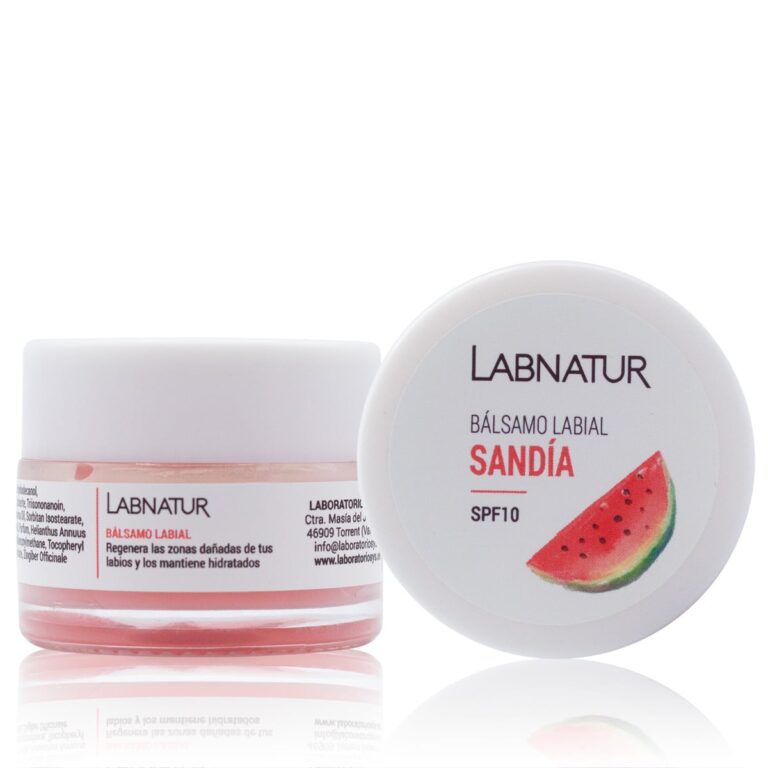 Bálsamo Labial Sandía 15ml Labnatur en tarro transparente junto a su tapa blanca con SPF10