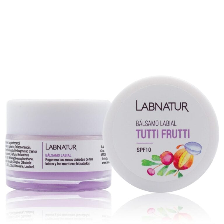 Bálsamo Labial Tutti Frutti 15ml Labnatur en tarro transparente junto a su tapa blanca con SPF10