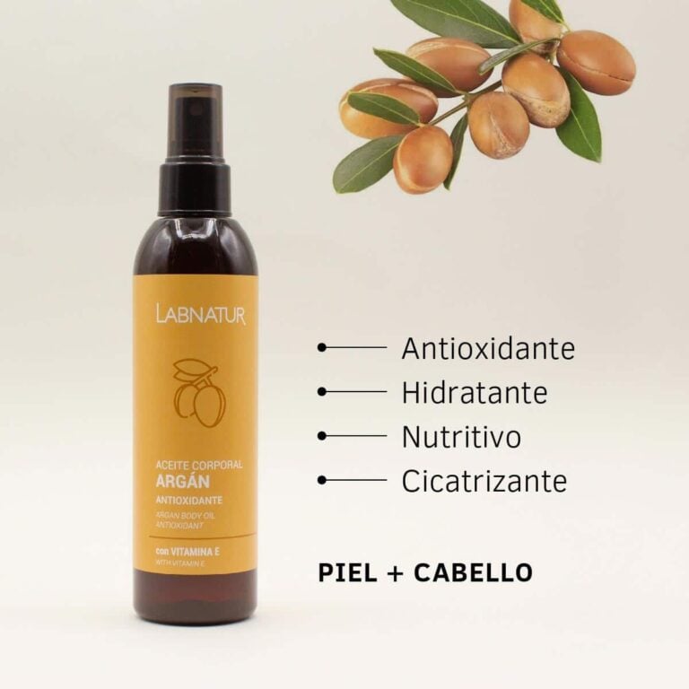 Beneficios del Aceite Corporal Argán Labnatur 200ml para hidratar, nutrir, aportar antioxidantes y dar luminosidad a piel y cabello.