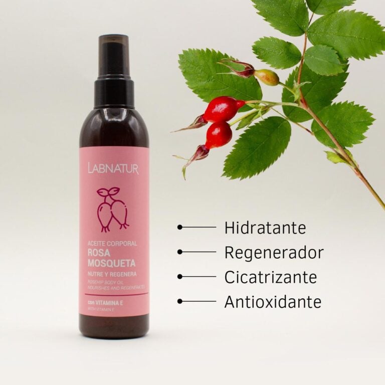 Beneficios del Aceite Corporal Rosa Mosqueta Labnatur 200 ml para hidratar, nutrir, aportar antioxidantes y mejorar visualmente marcas.