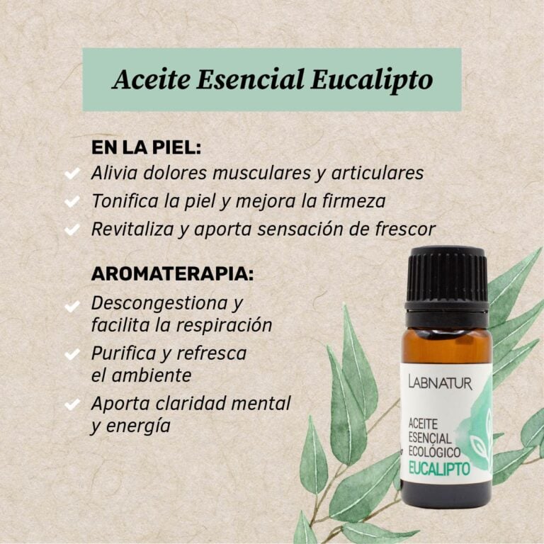 Beneficios del Aceite Esencial Eucalipto Labnatur 10ml para difusor, ambiente fresco, masajes y baños revitalizantes.
