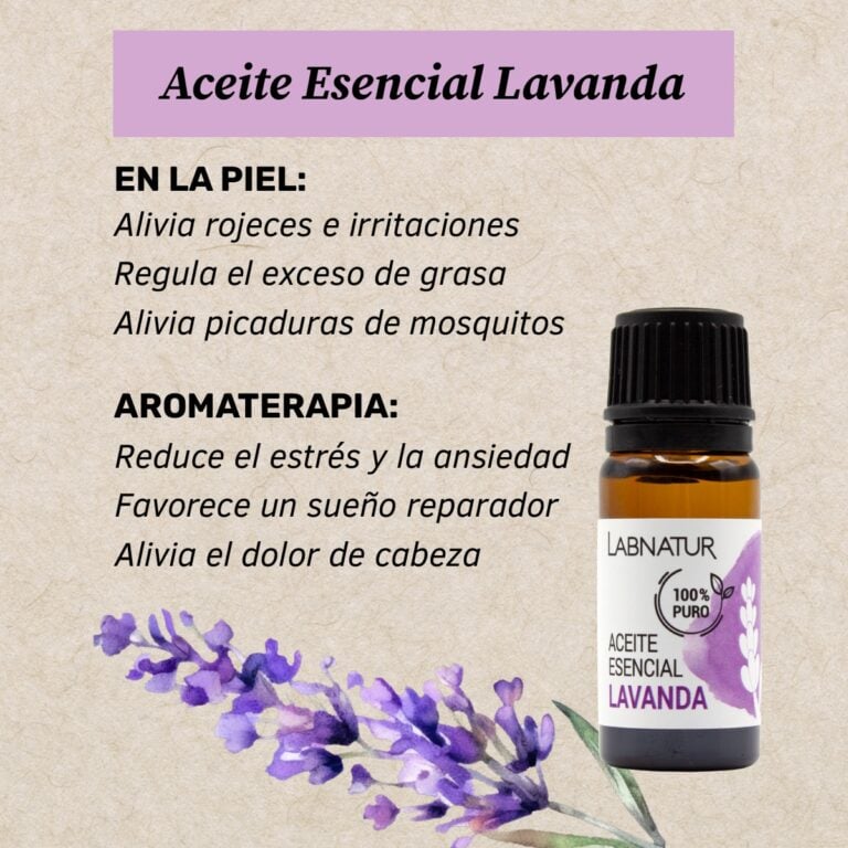 Beneficios del Aceite Esencial Lavanda Labnatur 10ml para piel, cabello, masajes relajantes, baños calmantes y aromaterapia.