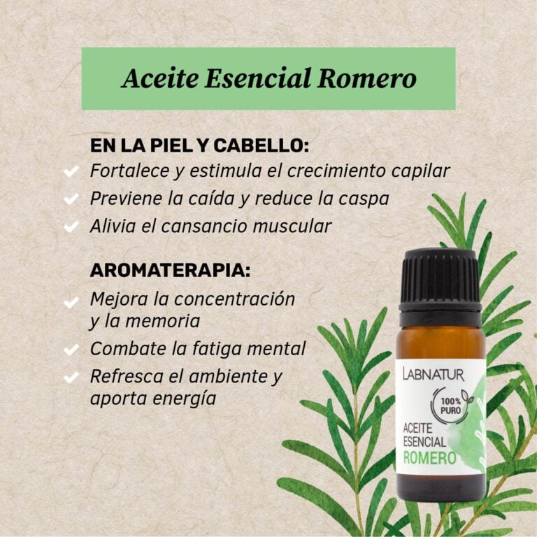 Beneficios del Aceite Esencial Romero Labnatur 10ml para piel grasa, cabello, cuero cabelludo, caspa y aromaterapia.