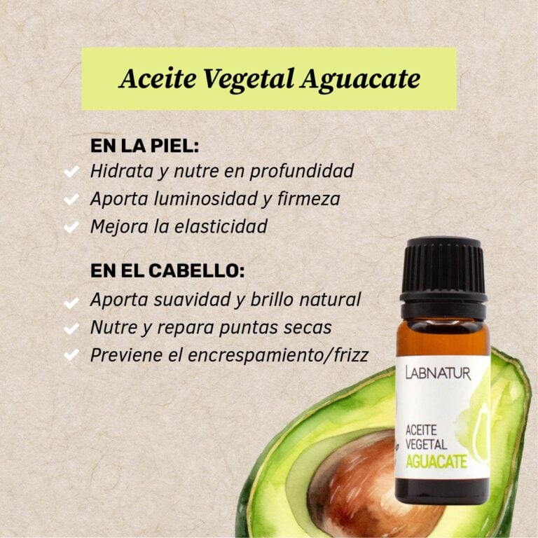 Beneficios del Aceite Vegetal Aguacate Labnatur para hidratar la piel, aportar luminosidad, suavizar el cabello y reducir el frizz.