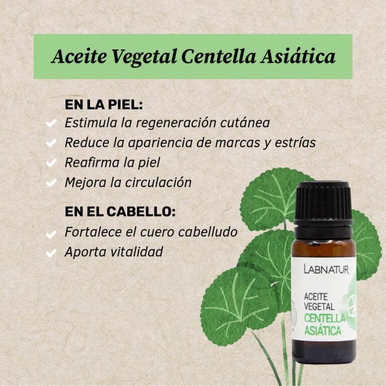 Beneficios del Aceite Vegetal Centella Asiática Labnatur para piel, marcas, estrías, firmeza, circulación y cabello.